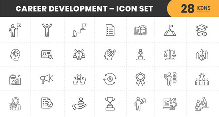  Career Development Icon Set – 28 Professional Line Icons Featuring Leadership, Growth, Training, Learning, Goals, Teamwork, Job Skills, Success, Certification, and Innovation .