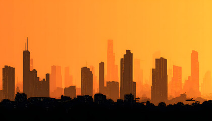 Fototapeta premium City skyline silhouettes at sunset, various building heights, abstract, shadows