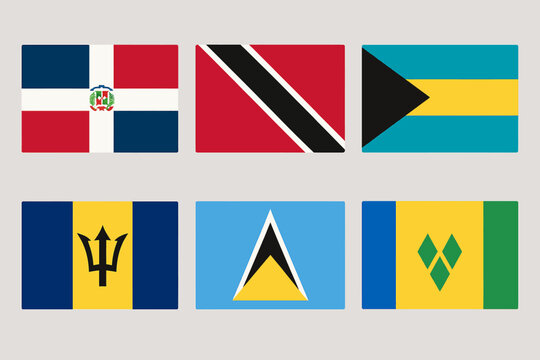 Collection of Caribbean national flags including Dominican Republic, Trinidad and Tobago, Bahamas, Barbados, Saint Lucia, and Saint Vincent and the Grenadines, presented in a clean, graphic style.