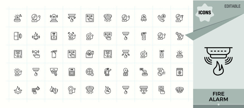 Fire Alarm linear icon set. Minimalist icons collection. Emergency vector line icon set. Related to extinguisher, rescue, siren, fire, safety, alarm and more.