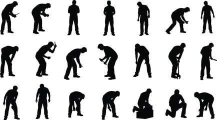 Silhouettes of workers performing various tasks, industrial labor activity, construction poses, manual work scene, occupational themes, black vector illustration