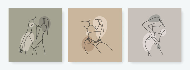 Beautiful minimalist set of female silhouettes in lingerie. Linear women figure in underwear. Abstract sensual concept in sketch style. Outline design for print, poster, cover, social media template