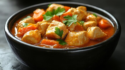 Close up of a bowl of chicken curry with vegetables.