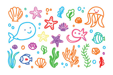 Playful Underwater World: A delightful illustration showcases an array of charming sea creatures, from smiling whales and graceful jellyfish to colorful starfish and detailed seashells.
