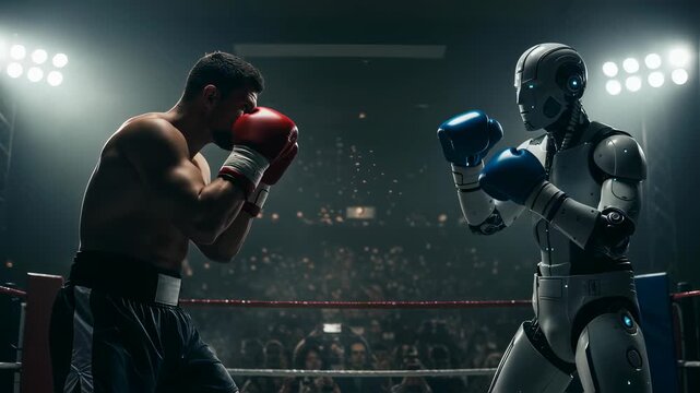 A man boxer with red gloves fights a robot in a boxing ring, concept of human versus AI competition footage.