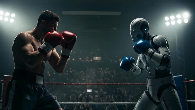Man boxer fights robot in boxing ring. Artificial intelligence versus human strength and competitive challenger in match footage.