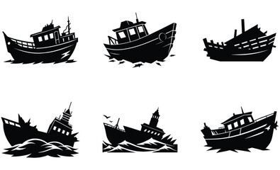 Storm wrecked Fishing Boat Vector Set – Broken Fishing Vessel Silhouettes Damaged by Storms and Rough Sea Conditions

