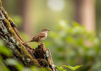 Brown bird perched on a tree trunk with soft focus background - A serene scene featuring a small brown bird perched on a weathered tree trunk surrounded by lush greenery, symbolizing nature,