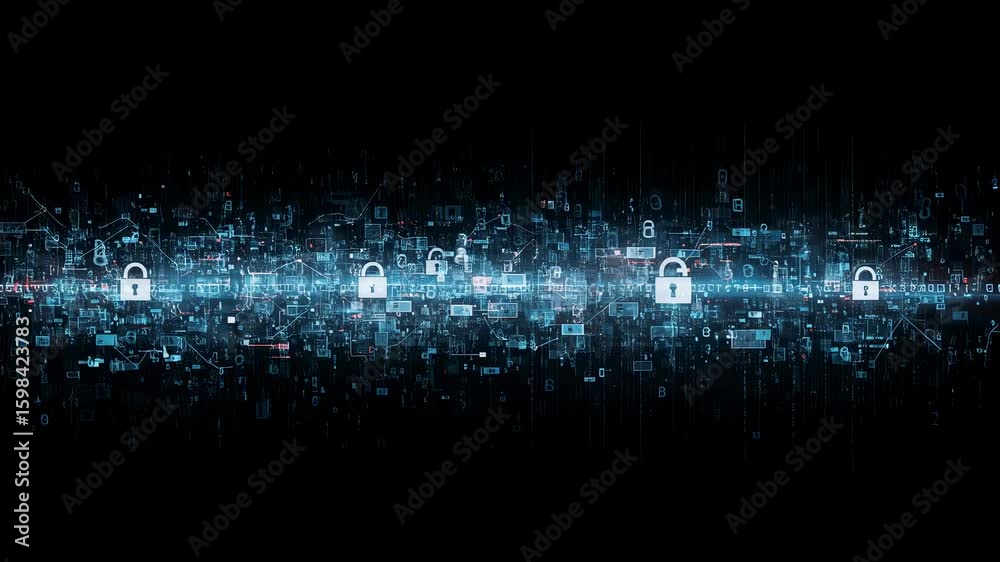 Poster digital security lock icons and data flow on abstract dark background. cyber defense concept. secure