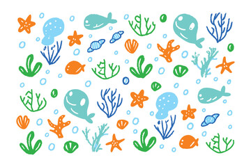 Ocean Doodle Illustration: Whimsical hand-drawn sea creatures and aquatic plants float amidst bubbles, forming a delightful illustration. A vibrant display of life beneath the waves