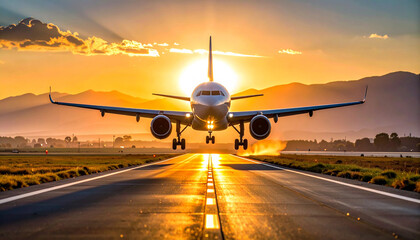 vista de frente de un avion de linea y pasajeros aterrizando o despegando en la pista de aterrizaje de un aeropuerto con luz de atardecer y sol a contraluz