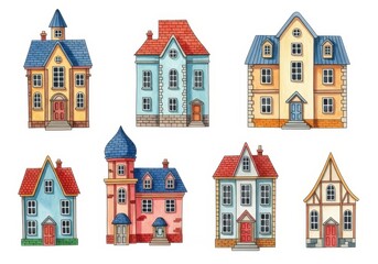 Naklejka premium Colorful Cartoon Houses Collection - A collection of charming cartoon houses featuring various designs and vibrant colors, perfect for playful illustrations or designs