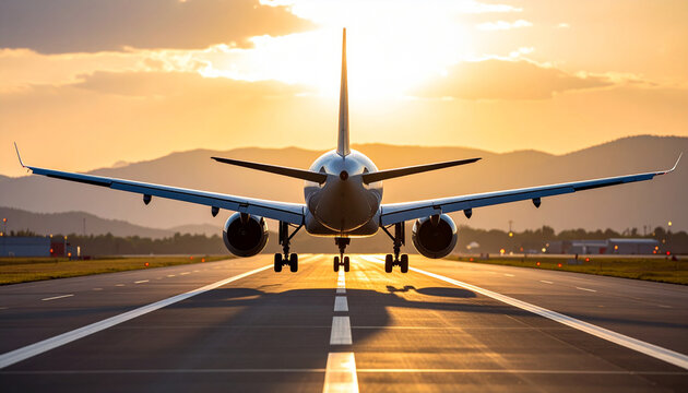 vista trasera de un avion de linea y pasajeros aterrizando o despegando en la pista de aterrizaje de un aeropuerto, el viaje comienza con luz de atardecer y sol a contraluz