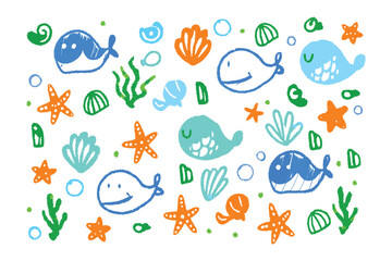 Joyful Ocean Doodle: A whimsical cartoon illustration depicts a vibrant underwater scene, filled with cheerful whales, starfish, shells, and seaweed.