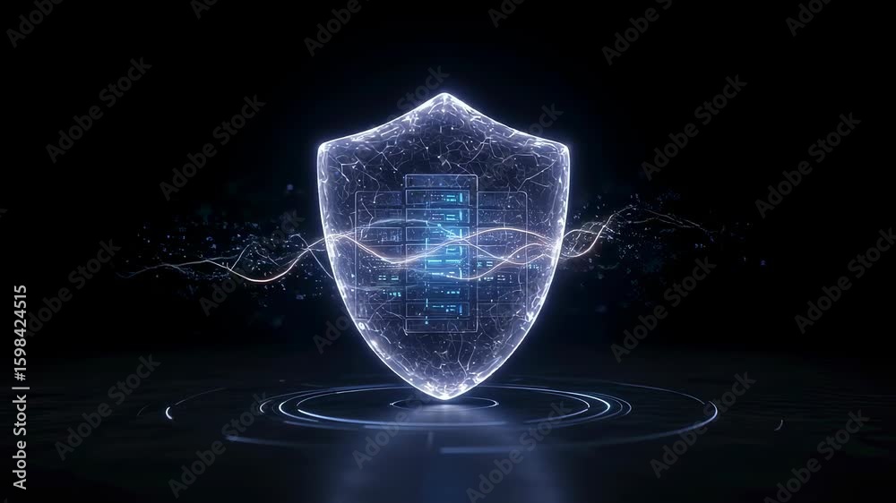 Poster digital shield with data and network lines representing cybersecurity, data protection, and secure o