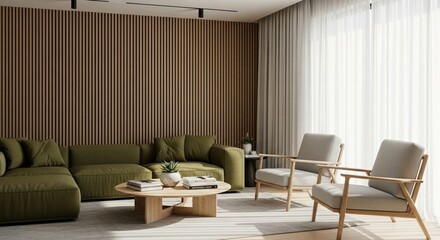 Modern living room with slatted wood accent wall and comfortable green sectional sofa