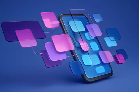 Smartphone with floating app icons in blue purple and pink colors