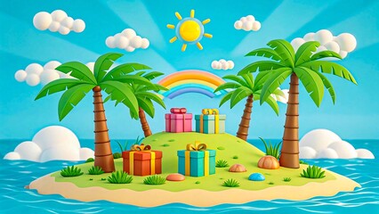 Island paradise with presents and palm trees under a rainbow and sunny sky