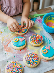 Child decorating colorful sugar cookies with sprinkles and frosting