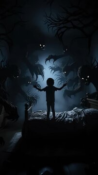 Dream fright scene: Child observes monster figure near wall, showing night panic, sleep fear, bedtime tension, quiet terror, eerie thought, shadow shape, nightmare vision, mental unrest, silent watch