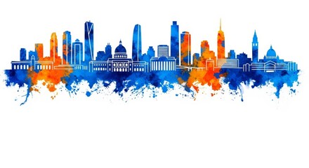 Fototapeta premium Colorful Urban Skyline Illustration - A vibrant watercolor illustration of a city skyline featuring a blend of blue and orange hues, showcasing modern skyscrapers and iconic buildings
