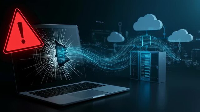 Broken laptop screen with warning sign and data flowing to servers, illustrating a cyber attack or system failure. Footage.