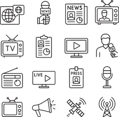 Mass Media line editable icon set. Containing Mass media, journalism, news, TV show, program, report, video, interview, and more. Editable stroke. Vector illustration