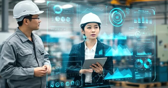 Engineers discussing data on a futuristic digital interface - Powered by Adobe