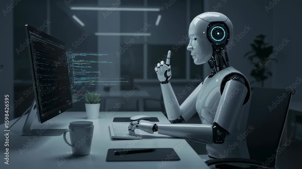 Poster Female robot working on computer with lines of programming code. Artificial intelligence concept, machine learning footage.