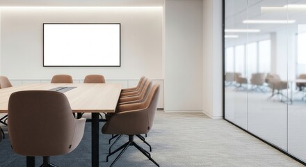 Modern conference room with empty white frame and glass walls
