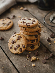Delicious homemade chocolate chip cookies stacked on a rustic wooden surface