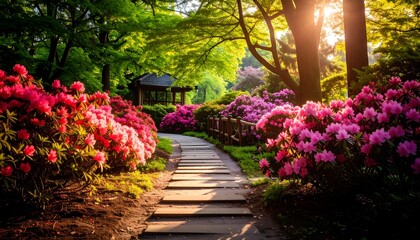 Obraz premium Lush garden path bathed in sunlight (1)