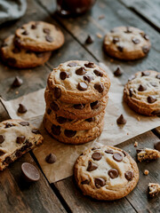 Delicious homemade chocolate chip cookies on a rustic wooden surface