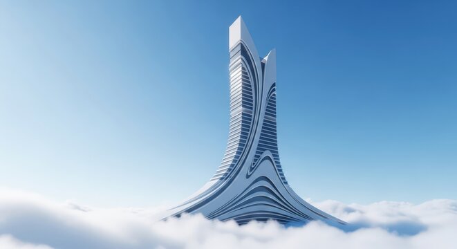 Futuristic skyscraper structure floating above fluffy clouds against a clear blue sky.