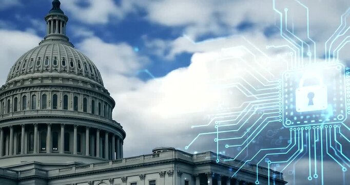 Us capitol building with digital security network overlay