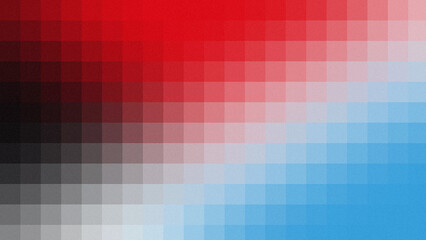 A striking pixelated abstract background displaying a horizontal gradient transition from deep red through grey and white to bright blue, with a distinct blocky effect.