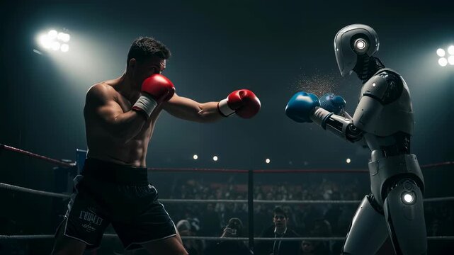 A male boxer and a robot are in a boxing ring, ready to fight in a stadium full of spectators footage.