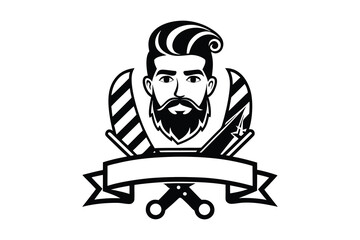 Vintage barber shop emblem silhouette of a man with stylish hair and beard holding scissors isolated on white background