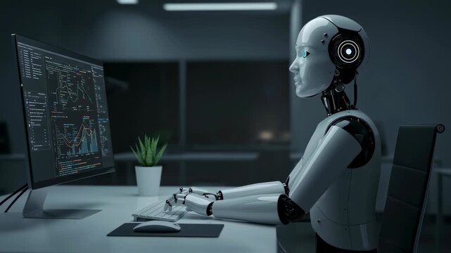 Female robot working on computer at office. Artificial intelligence analyzing data and code for future business development.