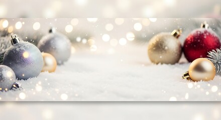 Christmas ornaments in gold, silver, and red scattered on white snow with blurred bokeh lights in the background.