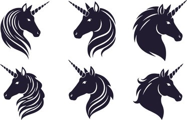 Vector art of collection of dark blue unicorn head silhouettes isolated on white background in various styles