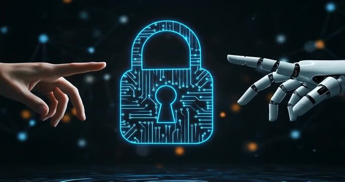 Human and robot hands reaching for a glowing digital lock - Powered by Adobe