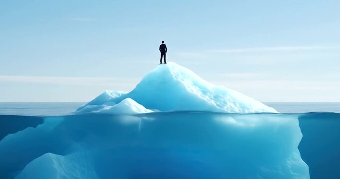 A lone man stands atop a massive iceberg in the ocean