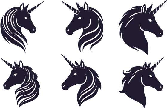 Vector art of collection of dark blue unicorn head silhouettes isolated on white background in various styles