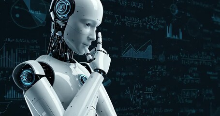 A robot contemplates complex data and equations on a screen - Powered by Adobe