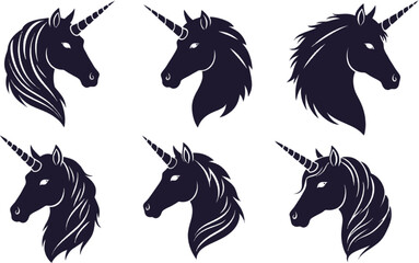 Vector art of collection of elegant unicorn head silhouettes with flowing manes isolated on white background