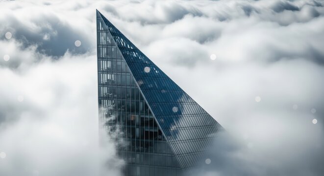 A modern, glass skyscraper pierces through a thick blanket of white clouds, its triangular peak reaching towards the sky.
