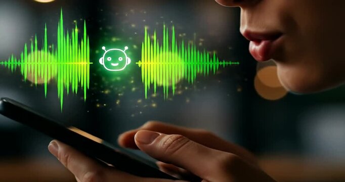Woman speaks to a smartphone with a voice recognition interface