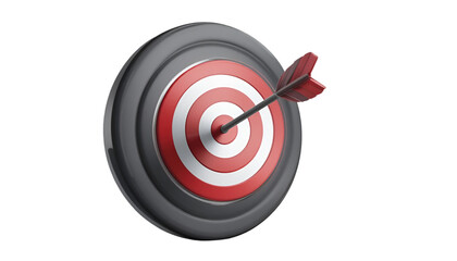An arrow hits the center of a red and white target with gray rings on a black background perfectly centered .
