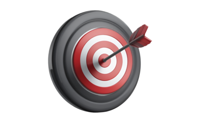 An arrow hits the center of a red and white target with gray rings on a black background perfectly centered .